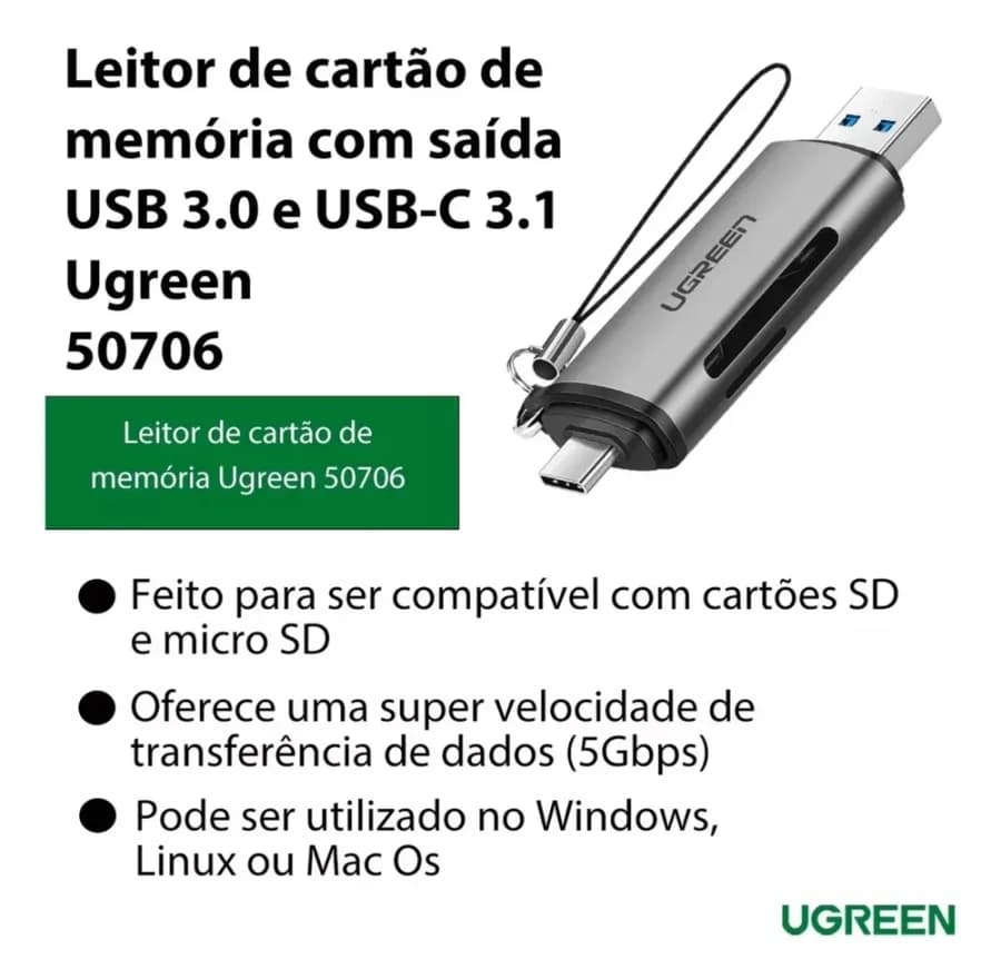 Leitor de Cartão de Memória USB-C Ugreen 2 em 1