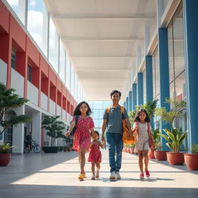 Pais acompanhando filhos em um campus educacional moderno.