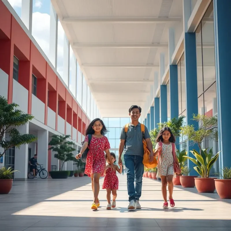 Pais acompanhando filhos em um campus educacional moderno.