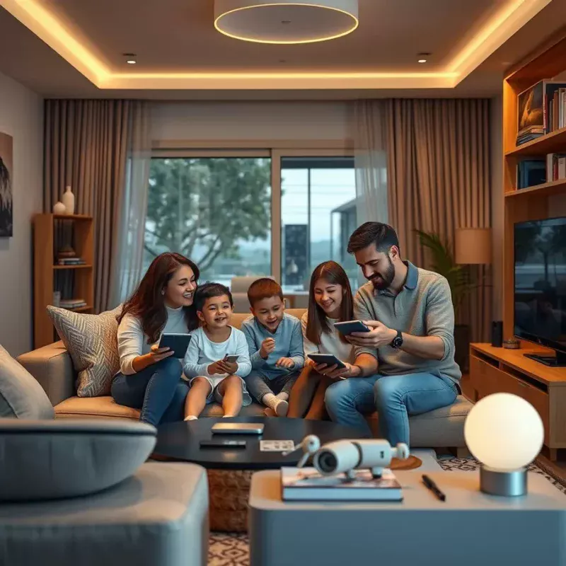 Família moderna em casa com dispositivos de inteligência artificial ao redor.