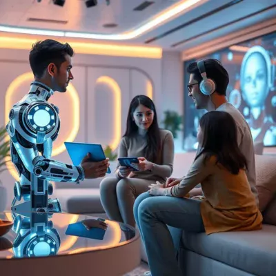 Família usando diferentes dispositivos de inteligência artificial em casa.