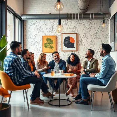 Diversos pais em um ambiente criativo, discutindo ideias e tendências de negócios.