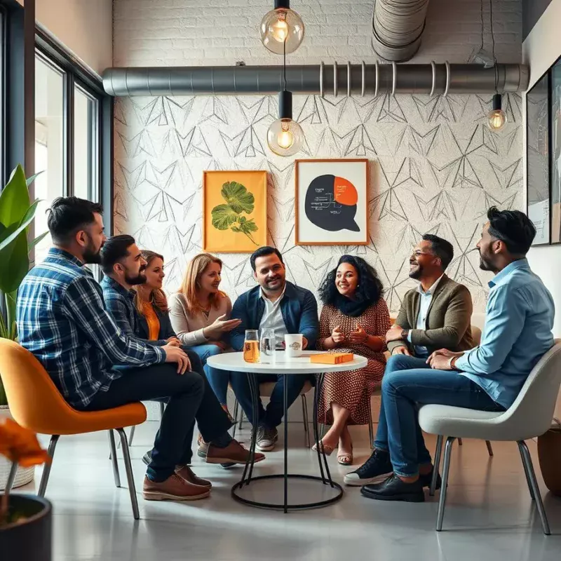 Diversos pais em um ambiente criativo, discutindo ideias e tendências de negócios.