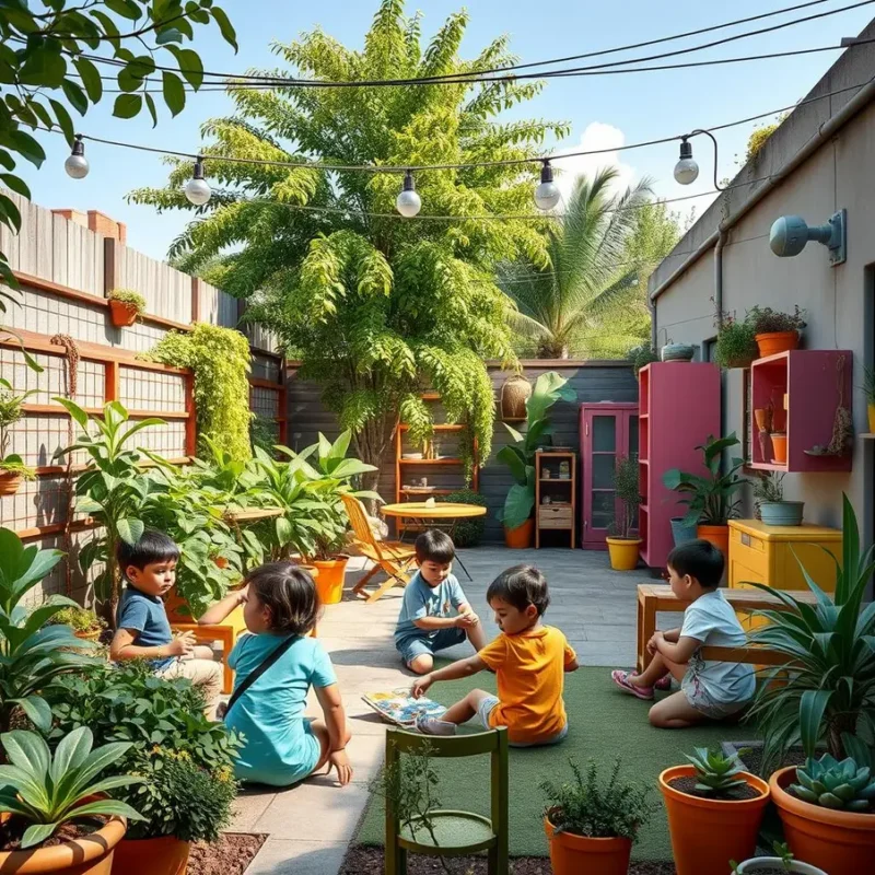 Espaço ao ar livre vibrante com crianças brincando entre plantas e materiais reciclados