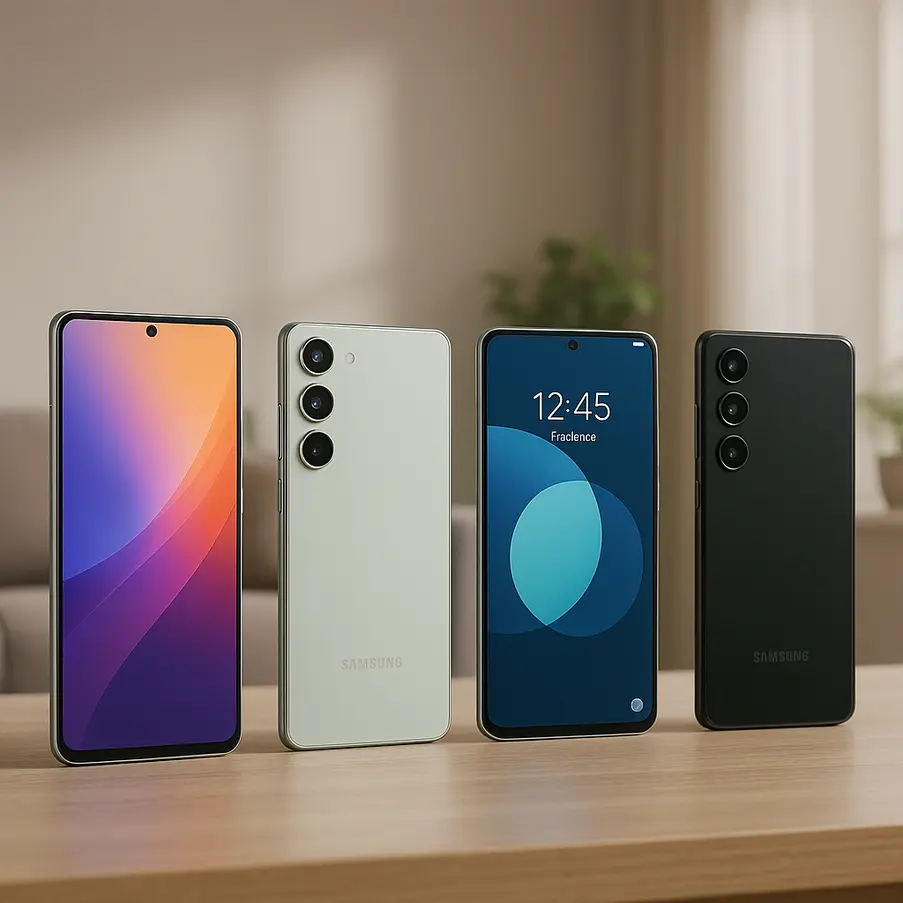 A range of Samsung smartphones from 2025 showing diverse features in a modern home setting.
