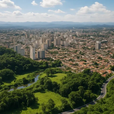Vista aérea que combina a paisagem urbana e áreas verdes de Mogi das Cruzes, ilustrando a harmonia entre desenvolvimento e natureza.