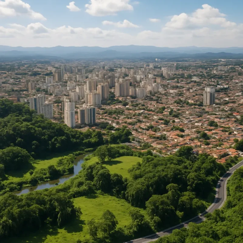 Vista aérea que combina a paisagem urbana e áreas verdes de Mogi das Cruzes, ilustrando a harmonia entre desenvolvimento e natureza.