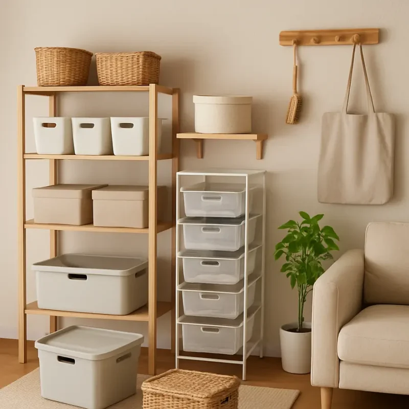 Produtos de organização acessíveis em uma sala de estar. Organização Casa
