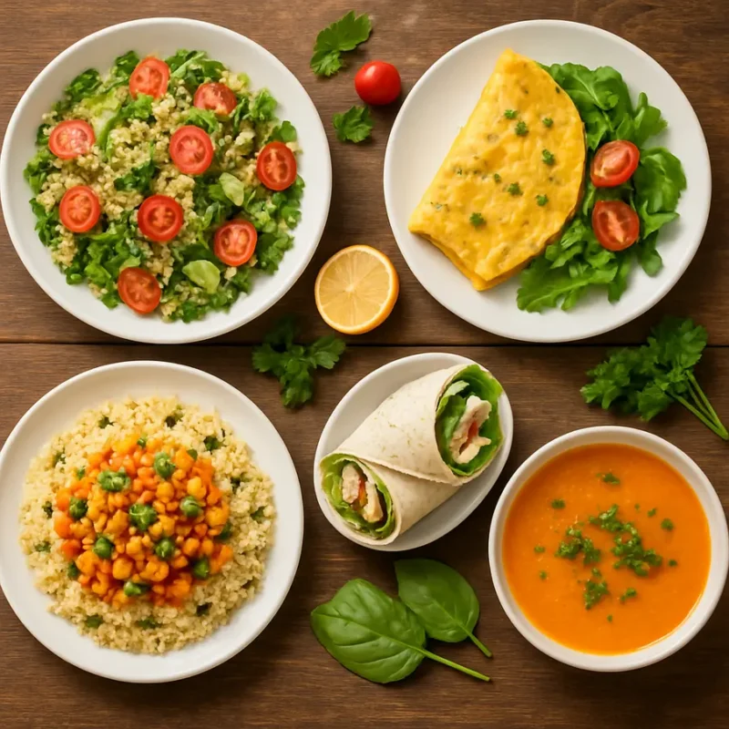 Pratos variados de receitas saudáveis e rápidas.