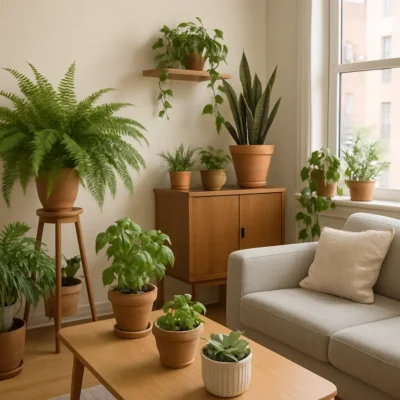 Interior de apartamento moderno decorado com várias plantas.