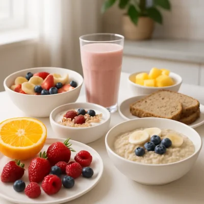 Mesa de cozinha decorada com tigelas e pratos compostos por frutas, aveia e smoothies. Café da Manhã