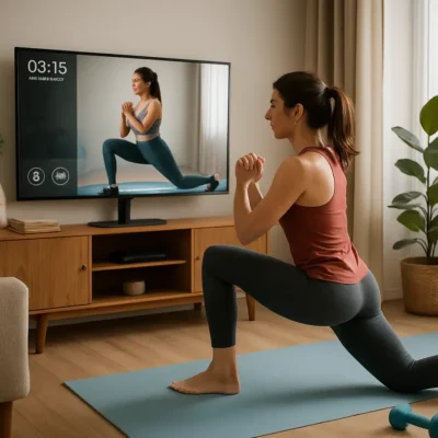 Indivíduo fazendo exercício com um aplicativo de treino projetado em uma grande tela na sala de estar. Aplicativos de Treino