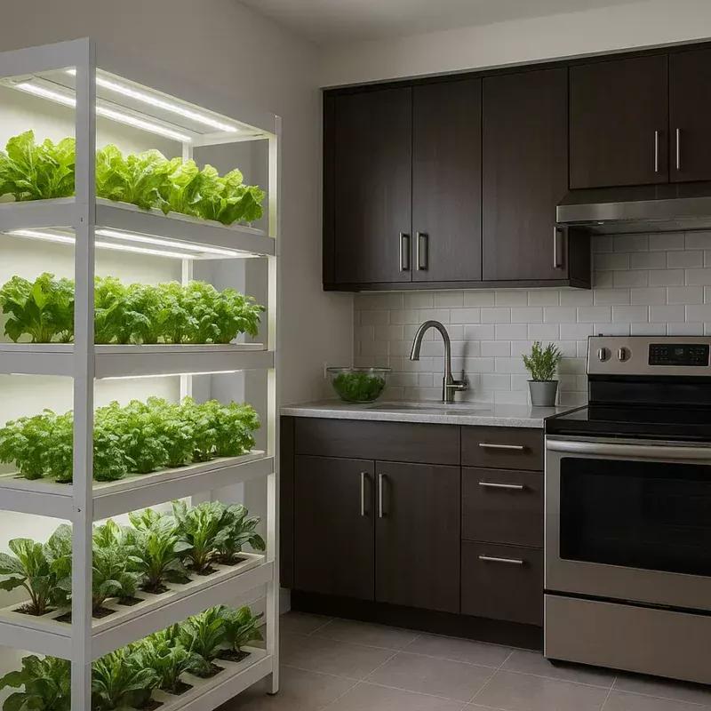 Cozinha moderna com sistema de cultivo hidropônico em instalações bem iluminadas. Hidroponia