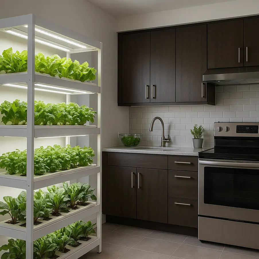Cozinha moderna com sistema de cultivo hidropônico em instalações bem iluminadas. Hidroponia