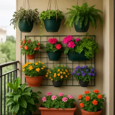 Varanda de apartamento com um jardim suspenso vibrante e colorido.