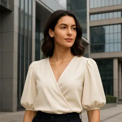 Mulher confiante em blusa elegante em cenário urbano moderno.