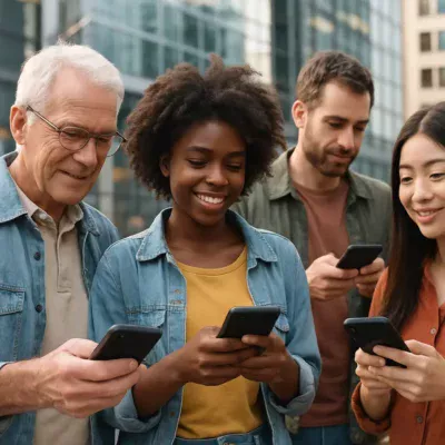 Pessoas de várias origens usando smartphones em um ambiente urbano animado, Smartphones Acessiveissimbolizando a acessibilidade tecnológica.