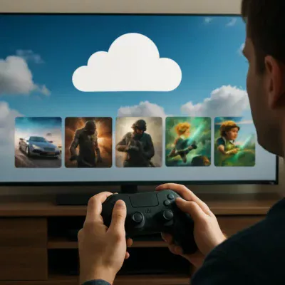 Jogador segurando controle com jogos na nuvem em exibição.