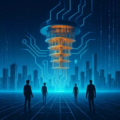 Paisagem futurista com elementos digitais e silhuetas humanas.