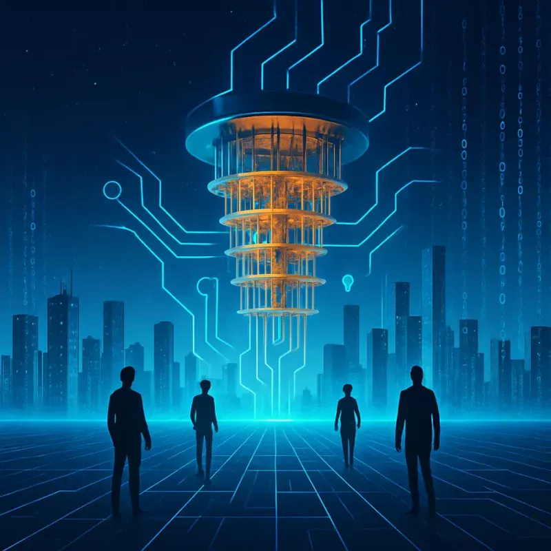 Paisagem futurista com elementos digitais e silhuetas humanas.