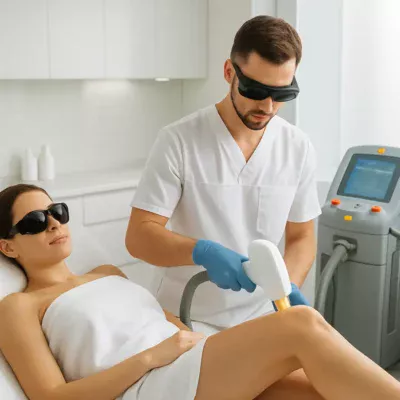 Salão com equipamentos de depilação a laser e profissional trabalhando. Depilação a Laser