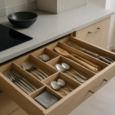 Cozinha moderna com gavetas organizadas por divisórias, mostrando talheres. Divisórias para Gavetas