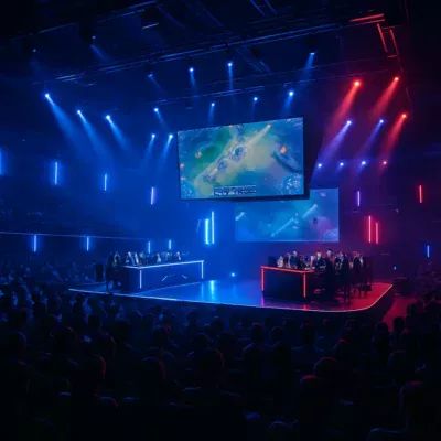Arena de eSports iluminada com diversos elementos tecnológicos durante uma competição.