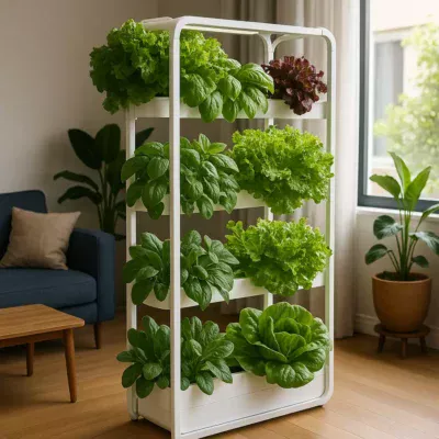 Jardim hidropônico vertical com plantas diversas em uma sala de estar moderna. Hidroponia Vertical
