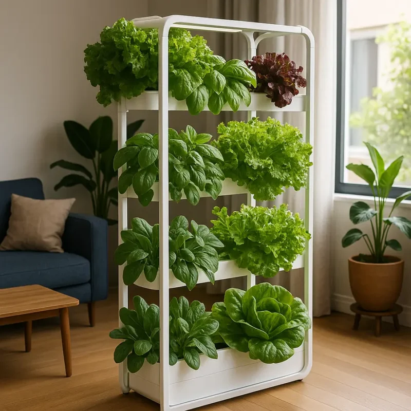 Jardim hidropônico vertical com plantas diversas em uma sala de estar moderna. Hidroponia Vertical