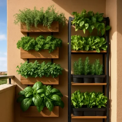 Varanda com horta vertical repleta de plantas verdes exuberantes. Horta Vertical