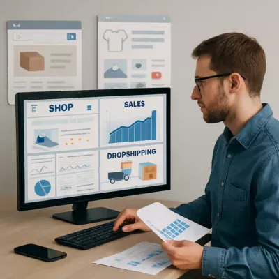 Empreendedor digital avaliando estratégias de dropshipping em um computador.