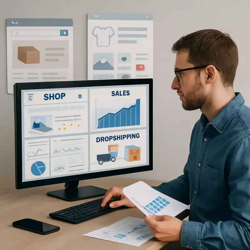 Empreendedor digital avaliando estratégias de dropshipping em um computador.