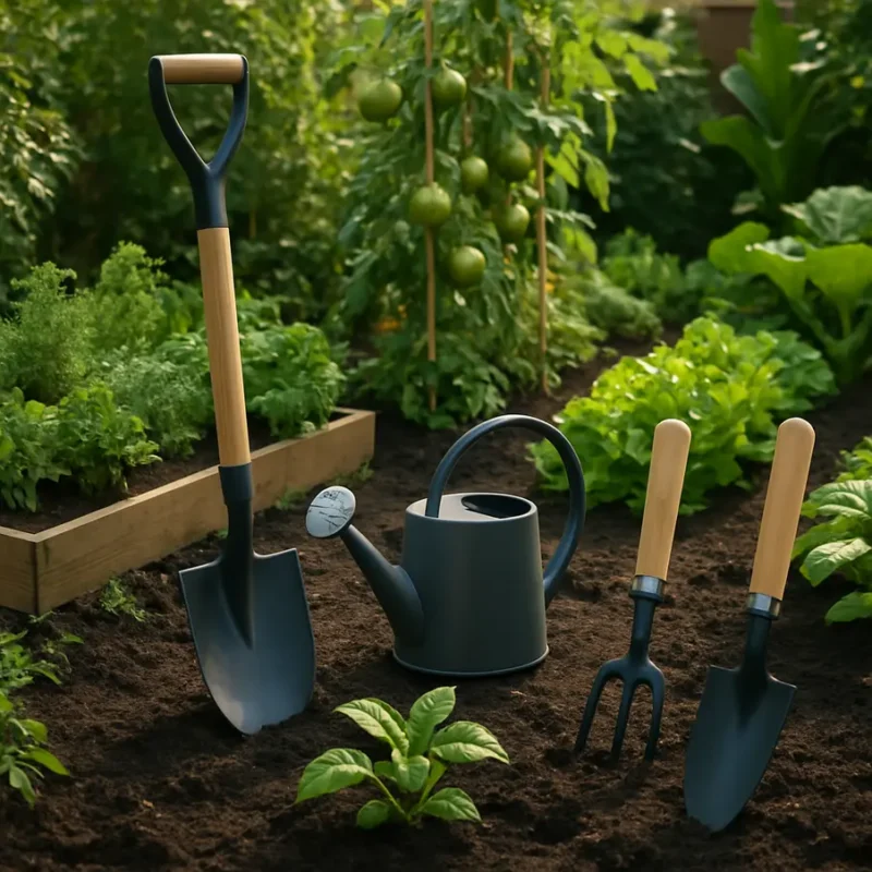 Jardim doméstico com diversas plantas e ferramentas de jardinagem organizadas. Ferramentas de Jardinagem