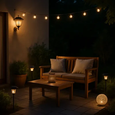 Vista noturna de uma varanda com diversas luminárias solares criando um ambiente aconchegante.