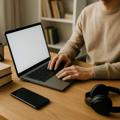 Pessoa em um ambiente confortável usando um notebook moderno com livros ao redor. Notebook Melhor Preço