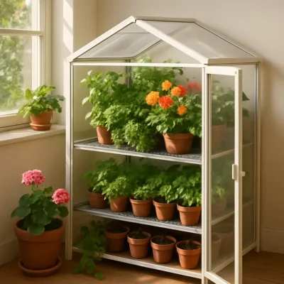 Mini estufa em um ambiente doméstico, repleto de plantas e flores.