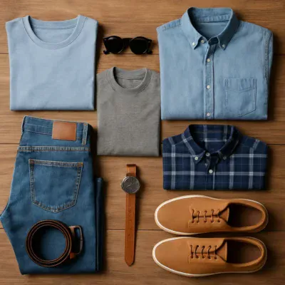 Assortment of casual men's clothing and accessories on a table. Roupas Masculinas Casuais