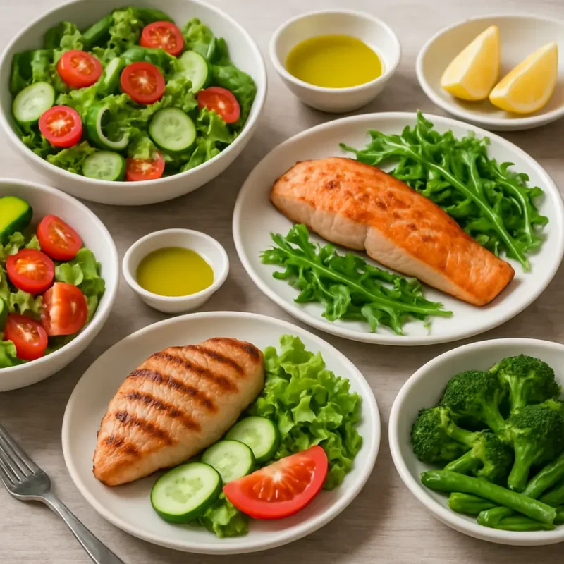 Mesa cheia de pratos apetitosos de receitas low carb, representando alimentação saudável e equilibrada. Receitas Low Carb