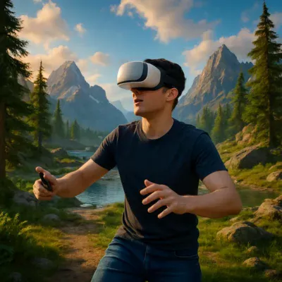 Jogador de realidade virtual imerso em um mundo digital vívido.