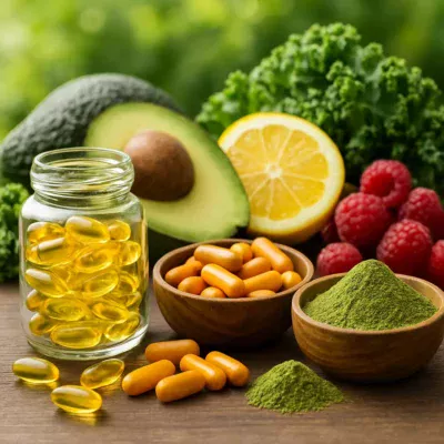 Uma capa de revista com foco em suplementos naturais e superalimentos. Suplementos Naturais