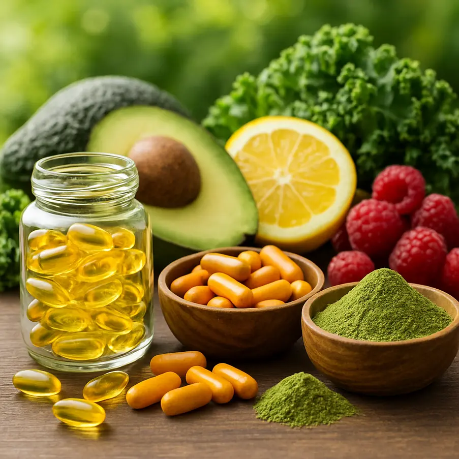 Uma capa de revista com foco em suplementos naturais e superalimentos. Suplementos Naturais