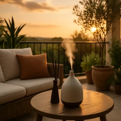 Varanda com difusor ao pôr do sol, envolta em uma sardônica fragrância.