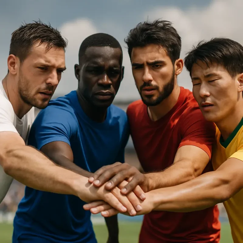 Jogadores de futebol de diferentes países unidos, simbolizando o impacto global do torneio. Mundial de Clubes Fifa 2025