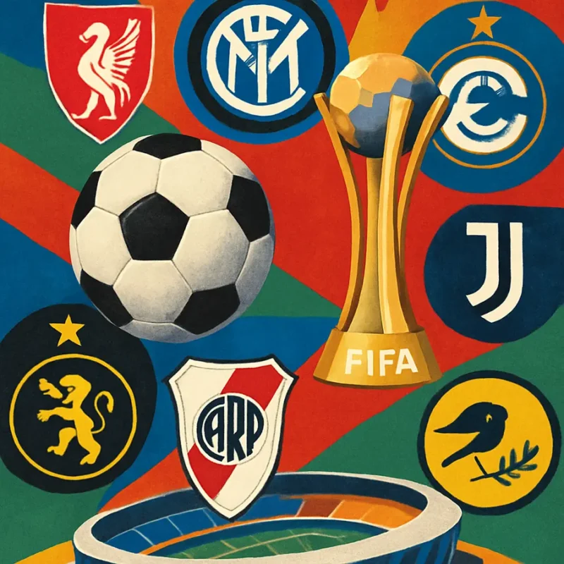 Colagem com ícones de futebol de diferentes países para o Mundial de Clubes FIFA 2025. Clubes do Mundial de Clubes Fifa 2025 Descubra os clubes que participarão do Mundial de Clubes FIFA 2025 e suas expectativas.