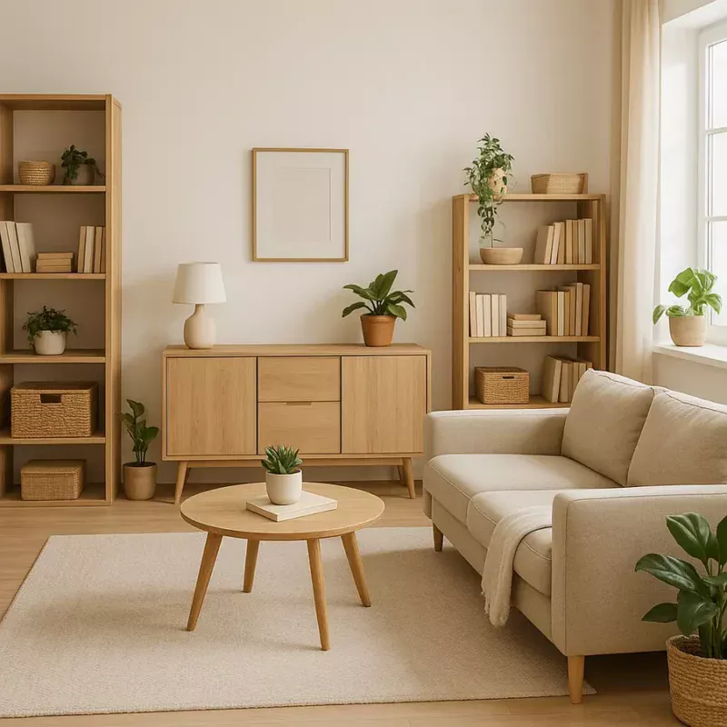 Interior de casa organizada com móveis modernos e plantas.