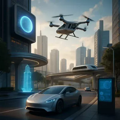 Ilustração de um cenário urbano com tecn ologias futuristas. Tendências Tecnológicas