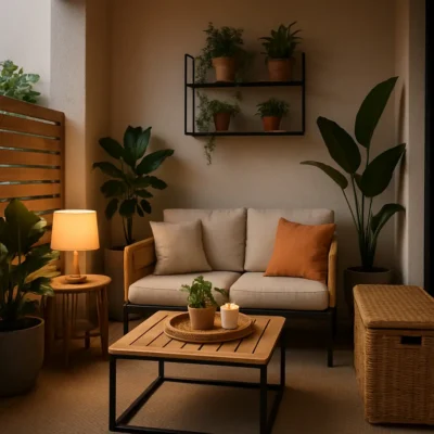 Varanda compacta com móveis multifuncionais e elementos de design harmoniosos. Móveis para Varanda