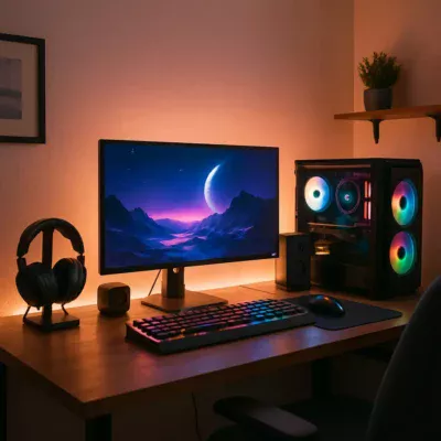 Setup gamer completo montado em uma sala aconchegante iluminada por luzes LED. Montar Setup Gamer