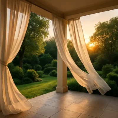 Varanda com cortinas ao pôr do sol e jardim ao fundo.