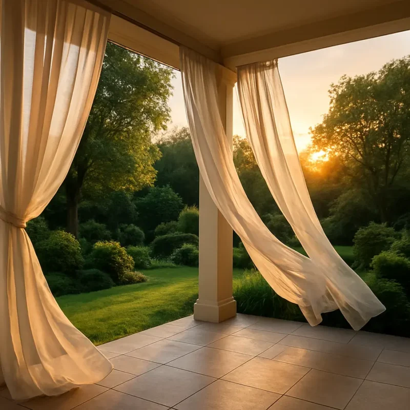 Varanda com cortinas ao pôr do sol e jardim ao fundo.
